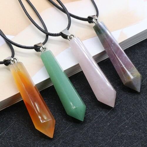 Reiki Healing Natural Stone Crystal Necklace Choker Big Size Hexagonal Bullet Pendulum Agates Opal Pink Quartz Pendants Necklace