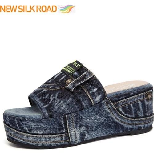 Summer Western Style Retro Denim Lightweight Women Sandals Height Increase Open Toe Wedges Thick Sole Platform Heels Slides Flat