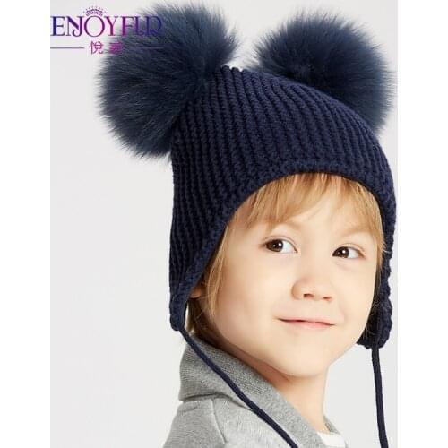 ENJOYFUR Winter Children Hats For Boys Girls Caps With Fox Fur Pom Pom Hats For Baby Warm Lining Ears Protect Kids Hat Beanies