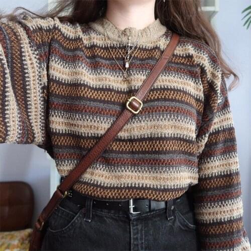 Women Oversized Striped Sweater 2021 Vintage Long Sleeve Knitted Pullover Top Fashion Autumn Elegant O Neck Sweaters Plus Size