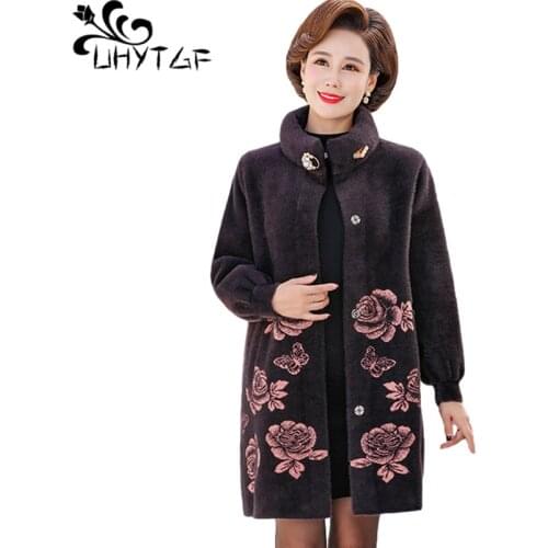 UHYTGF Korean 6XL Plus Size Coat Women Fashion Printing Mink Fleece Autumn Winter Woolen Jacket Elegant Mother Warm Outwear 1125