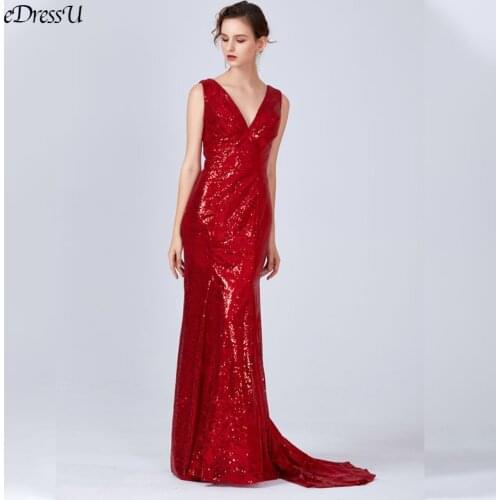 Sleeveless Sequins Evening Dress V-neck Red Long Dress Elegant Mermaid Tails Wedding Party Dress Vestido de Fiesta WS-3774
