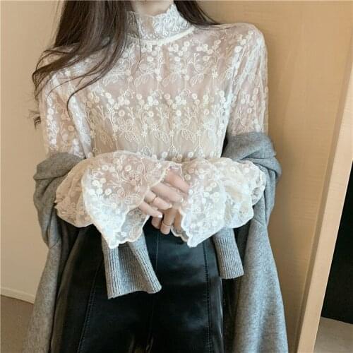 Half high collar white lace shirt women chiffon long sleeve flared sleeve bottoming shirts
