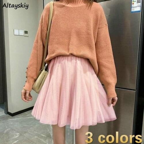 Skirts Women Summer Ball Gown All-match Sweet Solid Mesh Cute Casual Lovely Popular Kawaii Sexy Trendy Korean Style Fresh Colors