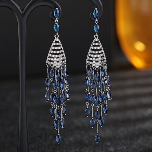 Zlxgirl jewelry blue Green cubic zircon longer stud wedding earring jewelry womens fine bridal ears piercings copper earrings