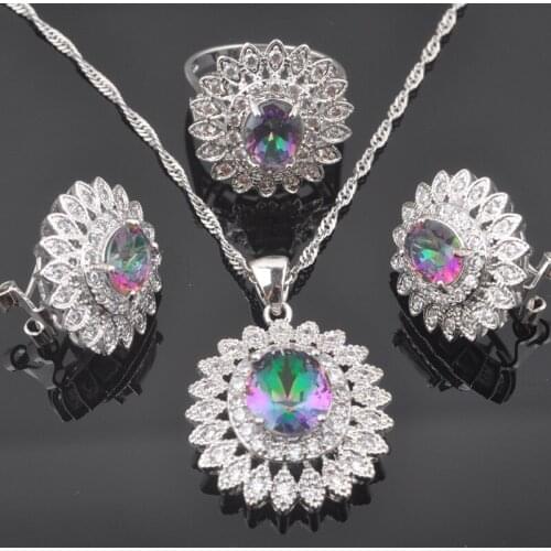 Russian Style Rainbow Zirconia Flower Jewelry Sets For Women Party Jewellry Silver Color Earrings Pendant Necklace Rings QS0578