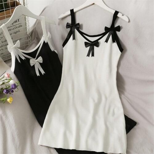 High Street Sexy Spaghetti Strap Dress Women Sleeveless Sweet Bow Knitted Dress Ladies Party Slim Bodycon Dresses Mini