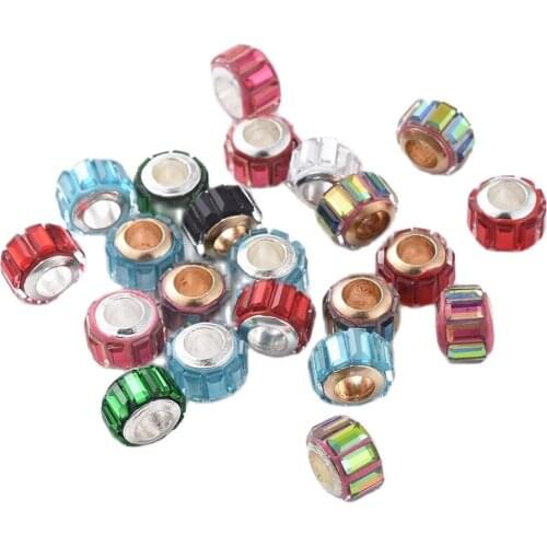 20Pcs Colorful Glass European Beads Large Hole Beads Alloy Cores Charm Bead Column Shape DIY Bracelets Bangles Women Jewelry
