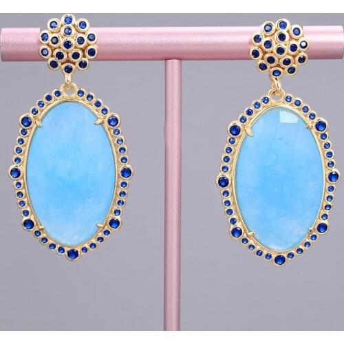 22x33mm Faceted Oval Light Blue Jade Cz Pave stud Earrings