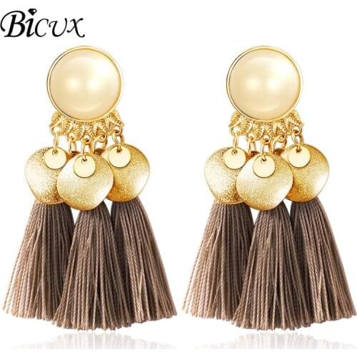 BICUX 2019 New Bohemian Tassel Earrings Ethnic Drop Earrings Vintage Resin Handmade Brincos Fringe Earrings for Women Jewelry