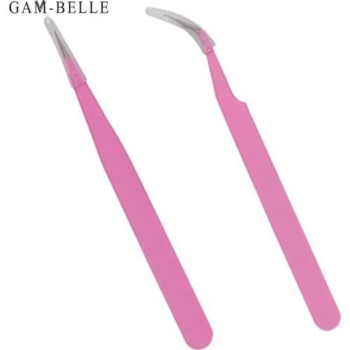 GAM-BELLE 1 Pc Pink Stainless Steel Eyelash Tweezers Rhinestone Picking Tool False Eyelash Extension Tweezers Nail Art Tools