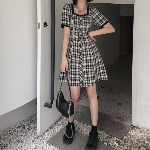 Summer Women Short Sleeve Dress Female Plaid Square-Collar Puff-Sleeve Button Drawstring Dresses Vintage Girls Korean Style