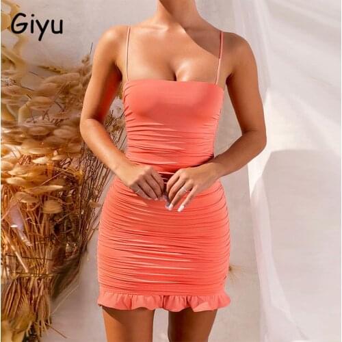Giyu Summer Dress Women 2020 Sexy Bodycon Club Party Mini Dresses Elegant Spaghetti Stap Off Shoulder Ruched Ruffle Robe Vestido