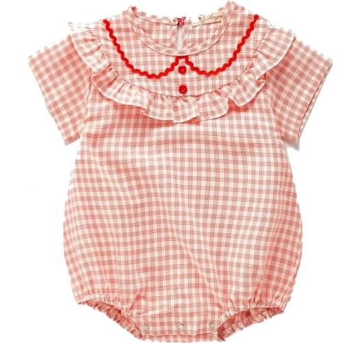 Girls Short Sleeve Layered Neck Little Plaids Patchwork Cotton Summer Rompers Korean Style Cool Baby Rompers