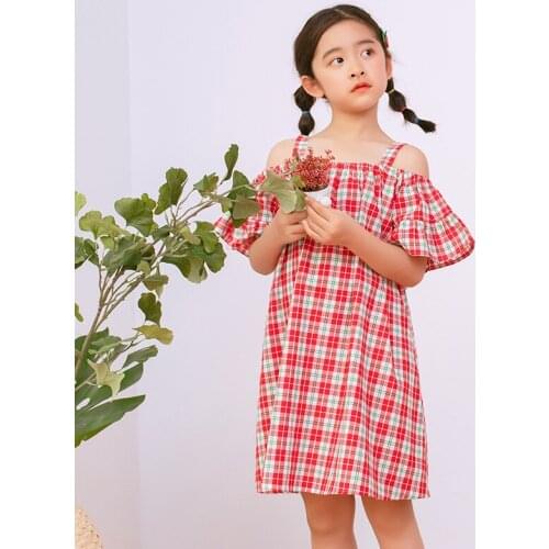 Fashion 2020 Summer New Cotton Girls Dress Children Off-Shoulder Dresses Baby Girls Plaid Dress Cute Kids Casual Dresses, #8611