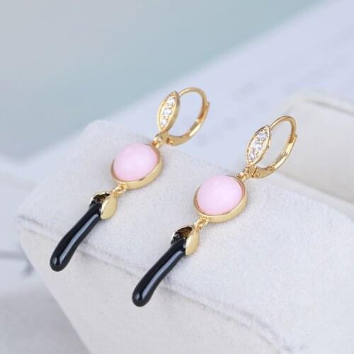 Fashionable temperament earrings inlaid with pink round stones and long strips of diamonds
