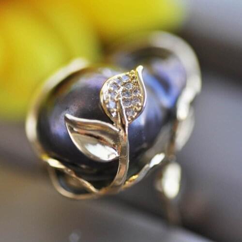 MTC·STAR Z10373 23mm Black Baroque Keshi Pearl Leaf gold-plating CZ Ring
