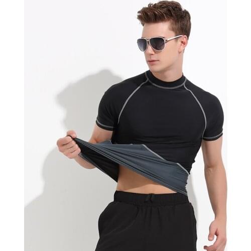 Mens Short Sleeve Sun Protection Splice Rashguard Swim Shirt Sun Protection Surfing Beach Tee Tight Fit Black Rash Guards