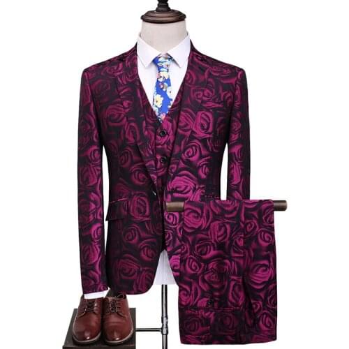 2020 Mens Print Slim Suit Set Fashion Design 3 Piece Groom Dress Tuxedo Custom Made Suit Party Embroidered Suit Wedding Suit
