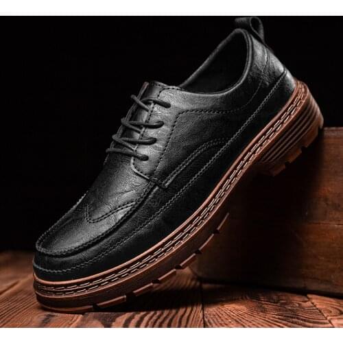 New Men Leather Fashion Business Thick Bottom Casual Shoes Classic Retro Lace-up Oxfords Shoes