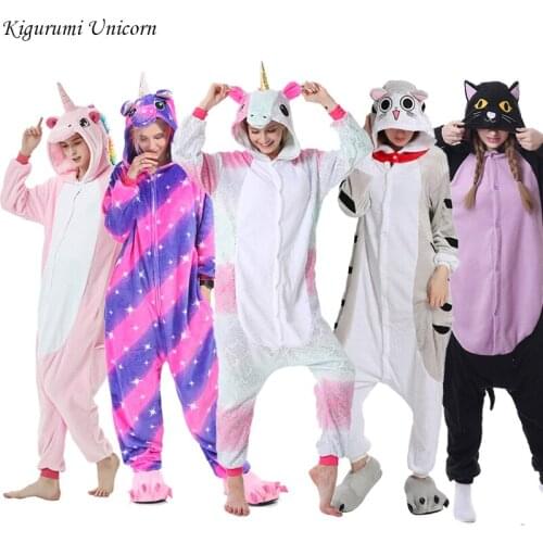 Kigurumi Unicorn Pajama Adult Animal Cat Onesie Boys Girls Women Men Couple 2019 Winter Pajama Suit Sleepwear Flannel Pijama