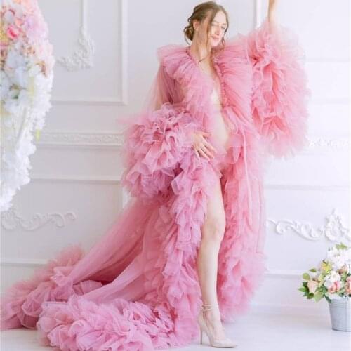 Pink Maternity Dress For Babyshower Long Sleeves Ruffled Maternity Gown Photography Outfit Pregnancy Women Boho Dress
