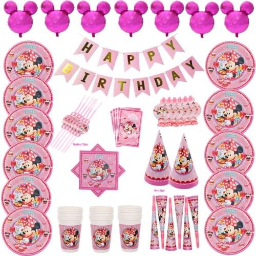 Pink Minnie Mouse Theme Disposable Tableware Set Cute Dessert Minnie Paper Cup Straw Plate Birthday Party Decoration Supplies