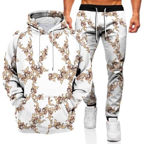 Mens and womens hooded sweater + sweatpants suit fashion street hip-hop loose casual 3D retro printed sweatshirt
