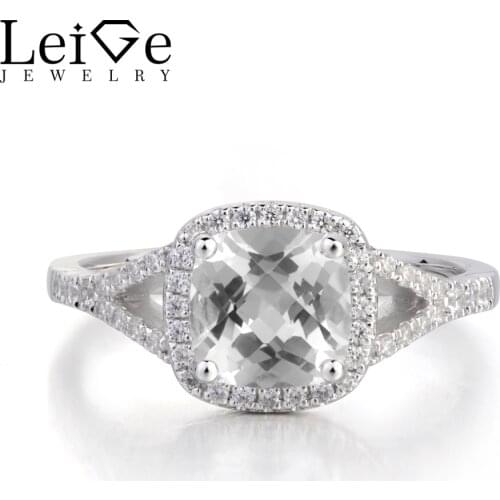 Leige Jewelry Cushion Cut Natural White Topaz Ring Wedding Ring 925 Sterling Silver Ring Gemstone November Birthstone for Women