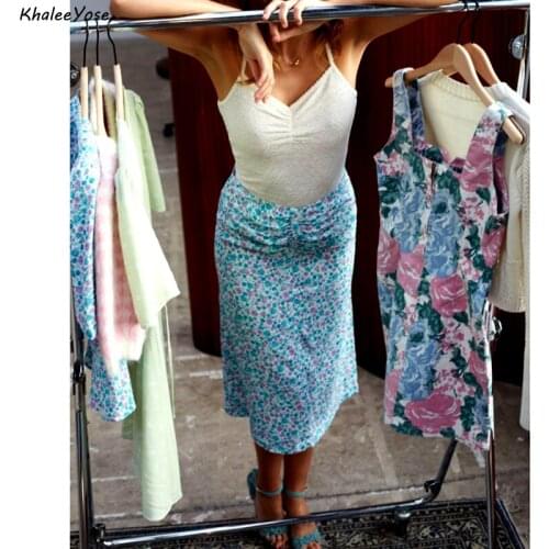 KHALLE YOSE Vintage Floral Skirt Women Holiday Long Skirts Summer Holiday Ruched Draped Boho Hippie Beach Pencil Skirt Harajuku