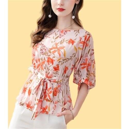 Spring Womens 2021 and summer new Floral Chiffon shirt womens one line collar slim top