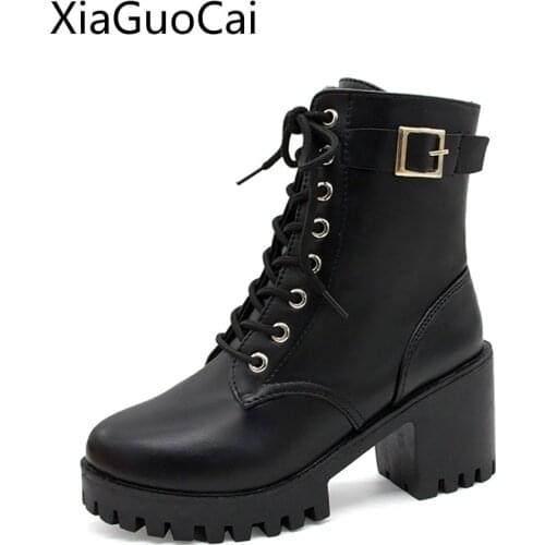 Cheap Spring and Autumn Women High Heels Boots Round Toe Lace Up Cross-tied Female Martin Boots Lace Up Motorcycles Boots