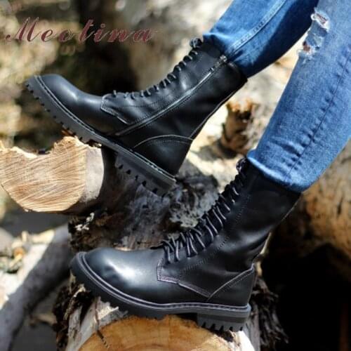 Meotina Motorcycle Boots Women Shoes Punk Platform Thick Heel Ankle Boots Lace Up Lady Short Boots Zip Autumn Winter Black 42 43