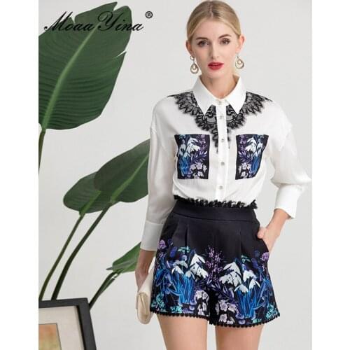 MoaaYina Fashion Runway Autumn Shorts Suit Womens Long sleeve Single-Breasted Shirts and Flower print Shorts 2 Piece Set