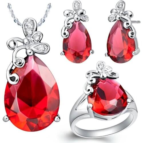 Special Design Red Oval Zircon and Butterfly White Gold Jewelry Sets For Women Wedding Party Necklace/Ring/Earrings T074-7