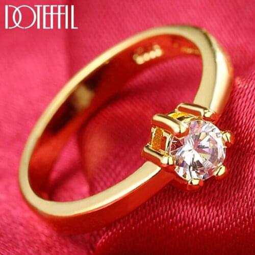 DOTEFFIL 925 Sterling Silver/Gold Six Claws Classic AAA Zircon Ring For Women Fashion Wedding Party Gift Charm Jewelry