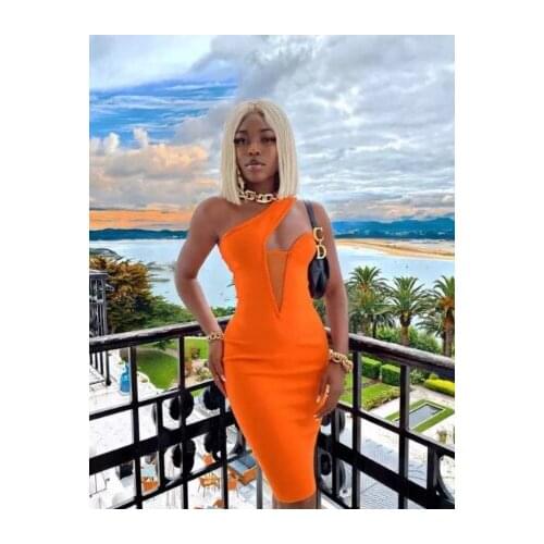High Quality Celebrity Orange One Shoulder Bodycon Rayon Bandage Dress Elegant Evening Party Dress Vestidos