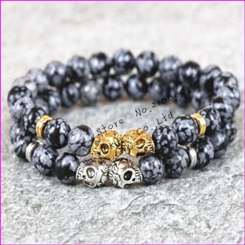1pcs 2017 new fashion 8mm beads bracelet gold/silver color skull head snowflak Lava stone beads mens bracelet