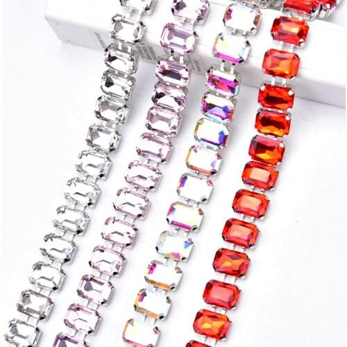 Glass 1 Meter 10*14mm Rectangle Rhinestone Chain Clear Crystal AB Strass Trimming With Silver Base DIY Wedding Dress Belt New