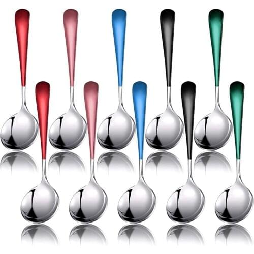 10 Pieces Soup Spoons Stainless Steel Colorful Dinner Spoons Round Head Bouillon Spoons Quality Coffee Spoons for Home