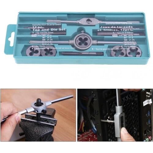 12pcs/set Multifunction NC Screw Tap and Die Set External Thread Cutting Tapping Hand Tool Kit with M6 M7 M8 M10 M12 Taps