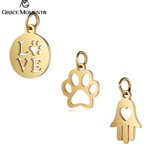 5pcs/Lot 316L Stainless Steel Charms Gold Color Hollow Love Dog Paw Hamsa Hand Charms Pendants for Jewelry Making DIY Handmade