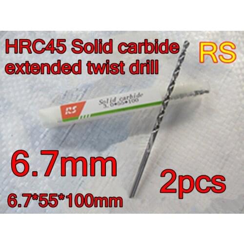 6.7*55*100mm 2pcs/set HRC45 High quality Solid carbide extended twist drill Free shipping