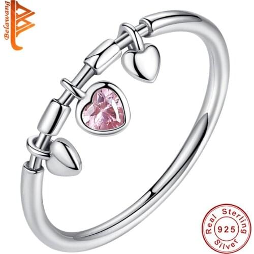 Authentic 925 Sterling Silver Ring Heart Shiny Pink Crystal Anel Female Ring Women Wedding Anniversary Jewelry Gift
