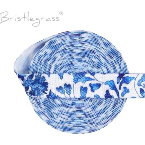 BRISTLEGRASS 2 5 Yard 5/8" 15mm Blue Flower Print Fold Over Elastics FOE Spandex Satin Bands Hair Tie Headband Dress Sewing Trim