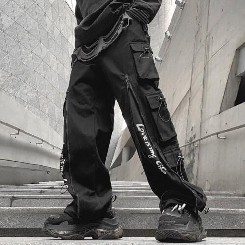 Mens cargo pants with many pockets High street hiphop style Black color Fake zippers Loose Autumn Spring