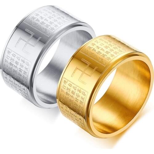Buddhism Religion Mens Ring Male Alliance Stainless Steel Ring Chinese Word Rotatable Double Layer Ring Punk Rocky Accessories