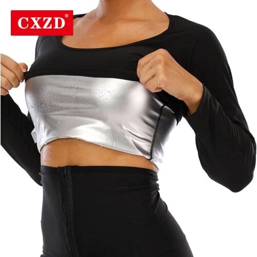 CXZD Hot Silver ion coating Thermo Fitness Workout Sweat Sauna T-Shirts Body Shaper Weight Loss Slimming Long Sleeve Women Tummy
