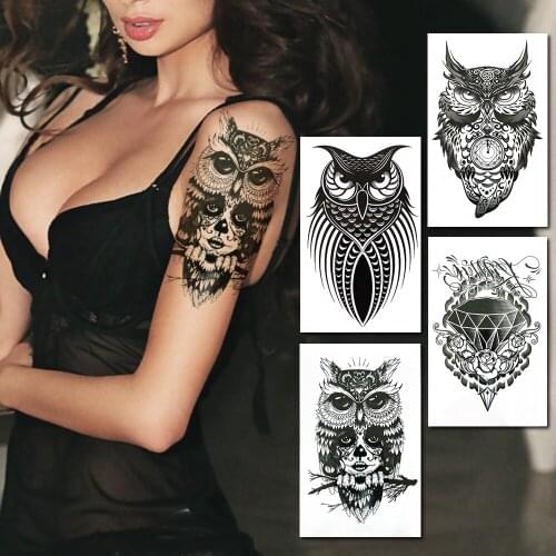 Owl Fake Temporary Tattoos For Women Men Large Tribe Skeleton Tattoo Geometric Diamond Henna Waterproof Tatoos Body Arm Armbands