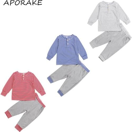 2021 2-7Y Casual Kids Baby Boy Girl Clothes Set Button Striped Print Long Sleeve Top+Patch Pants Autumn Cotton Outfits 2pcs